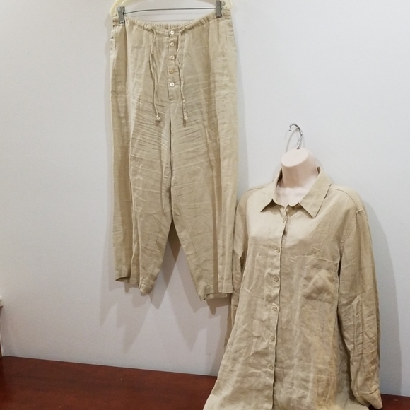 Bridge water studio tan100% linen capri pants set - Picture 1 of 16